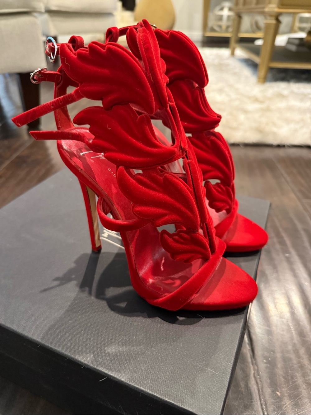 Giuseppe Zanotti Red Velvet Leaf-Detail High Heel Sandals